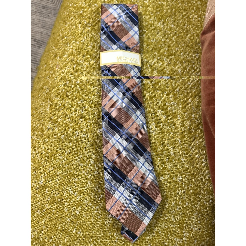 MICHAEL Michael Kors Men's Plaid Classic Check Gingham 100% Silk Tie Orange Blue